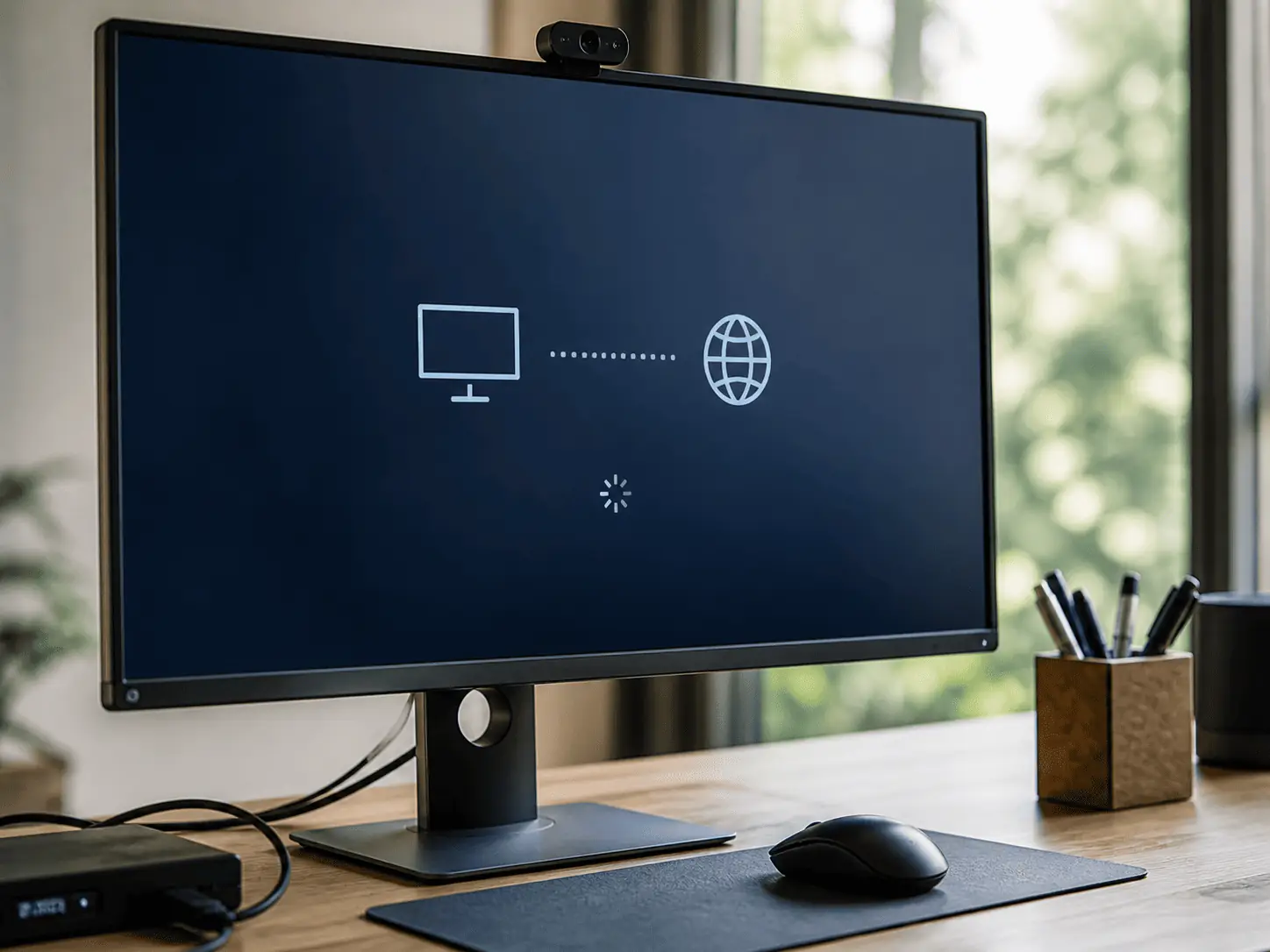 Monitor mit Fernwartungssitzung an einem Arbeitsplatz